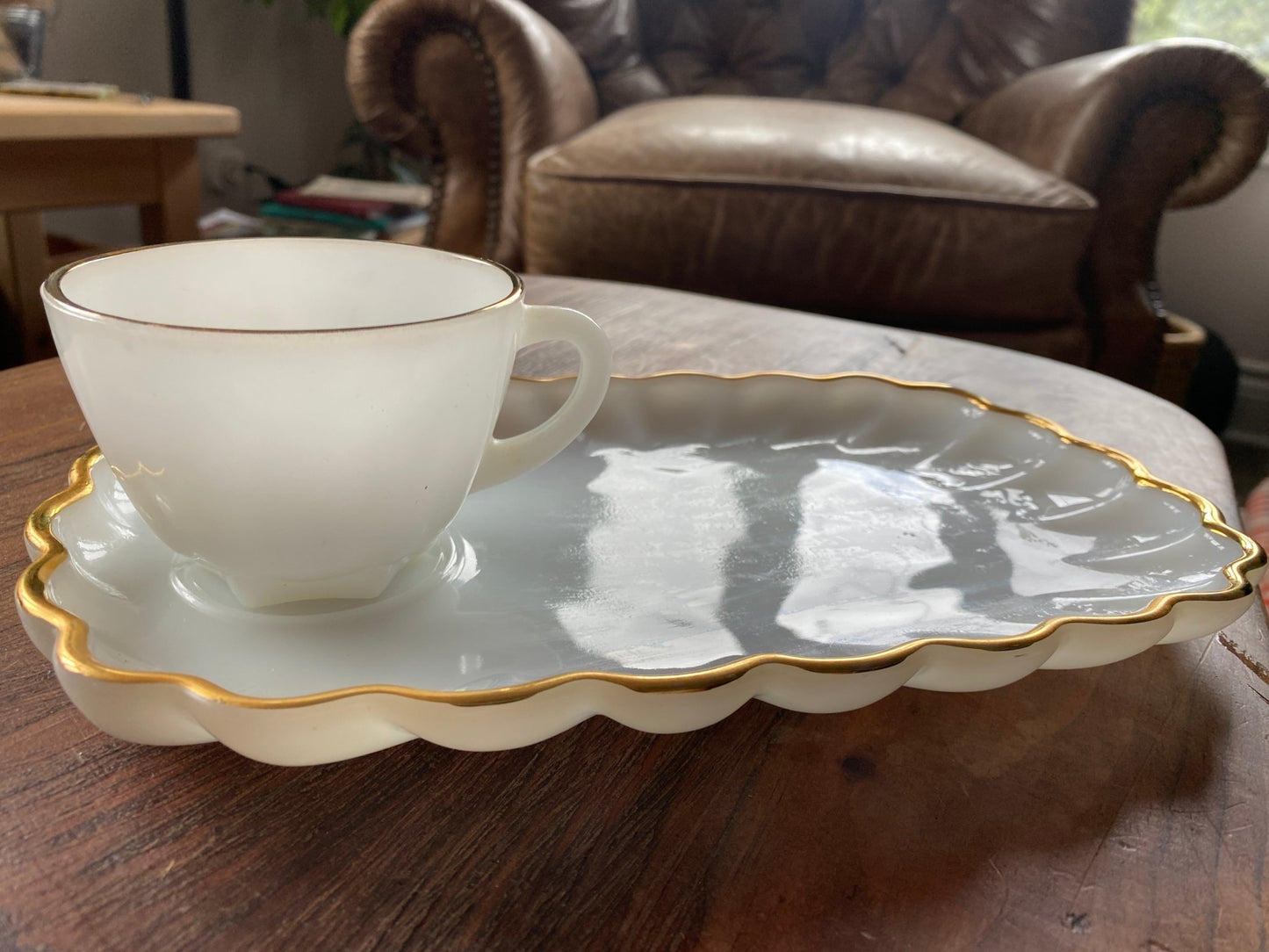 Anchor Hocking Gold Rimmed Milk Glass Tea and Snack Plate shell pattern 1950s-1960s - Perth Market