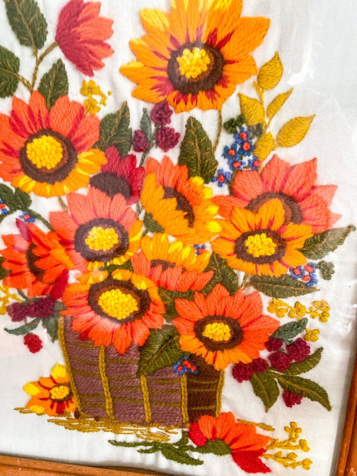 Large Vintage Orange Floral Fall Bouquet Crewel Wall Art - Perth Market