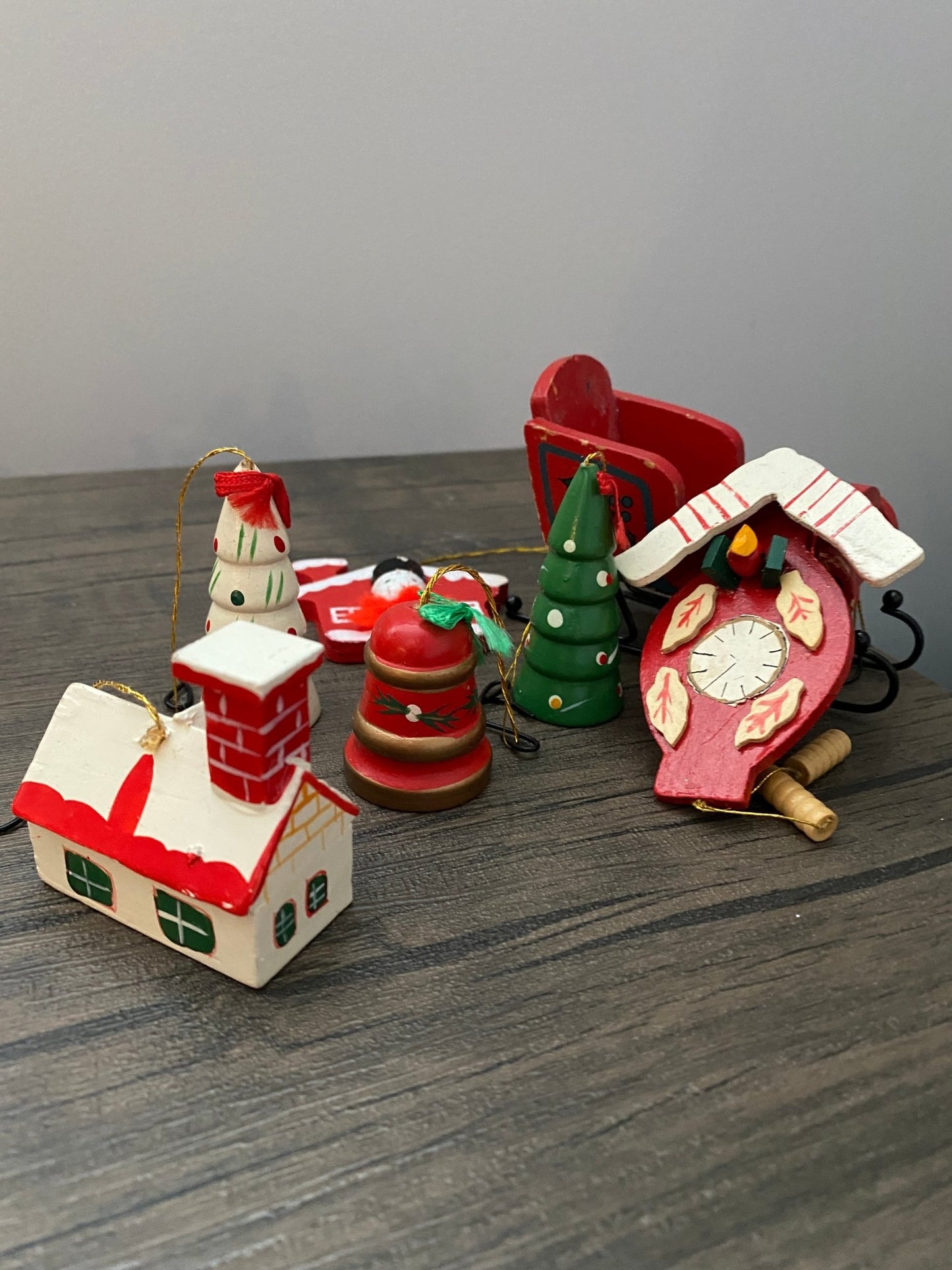 Lot of Vintage Wooden Christmas Ornaments - Handpainted Trees Buildings Sleigh - Perth Market