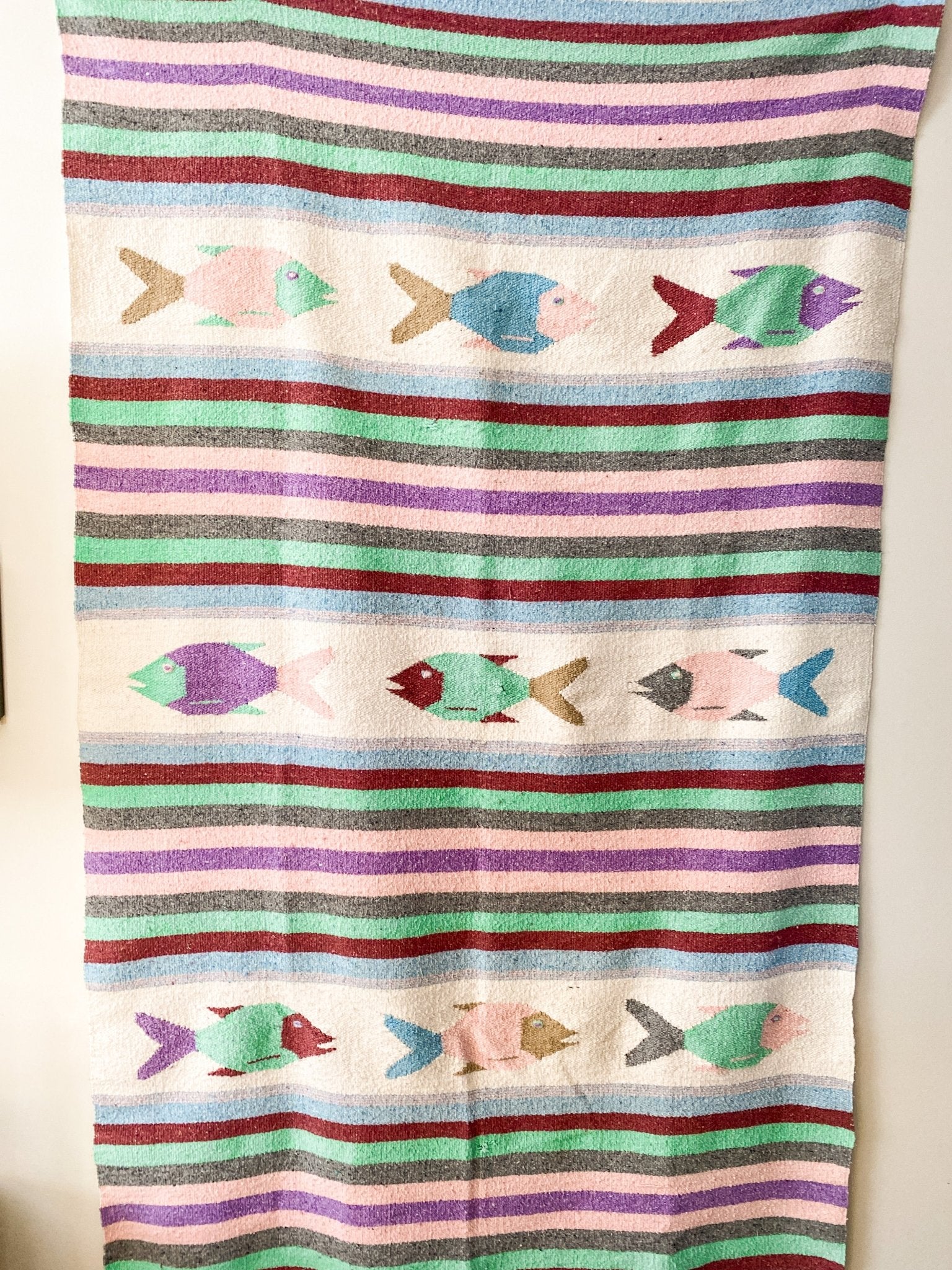 Bright coloured Cottage Fish Blanket - Mexican Tapestry / Heavy Duty Vintage Blanket - Perth Market