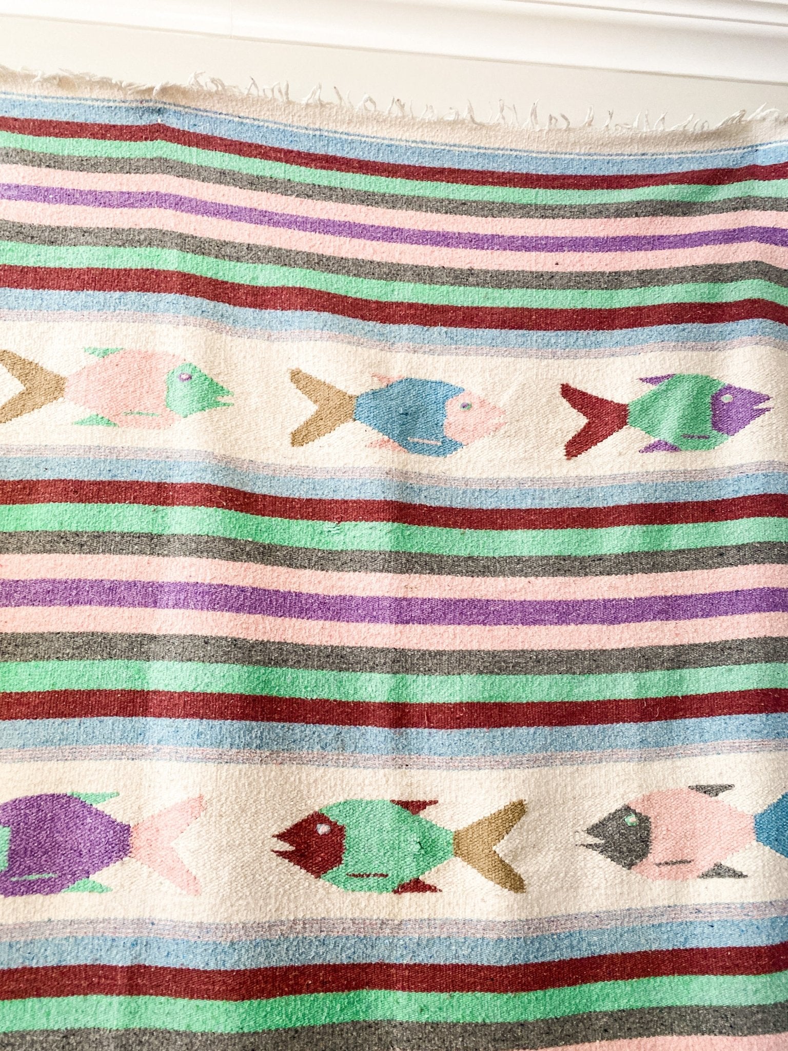 Bright coloured Cottage Fish Blanket - Mexican Tapestry / Heavy Duty Vintage Blanket - Perth Market