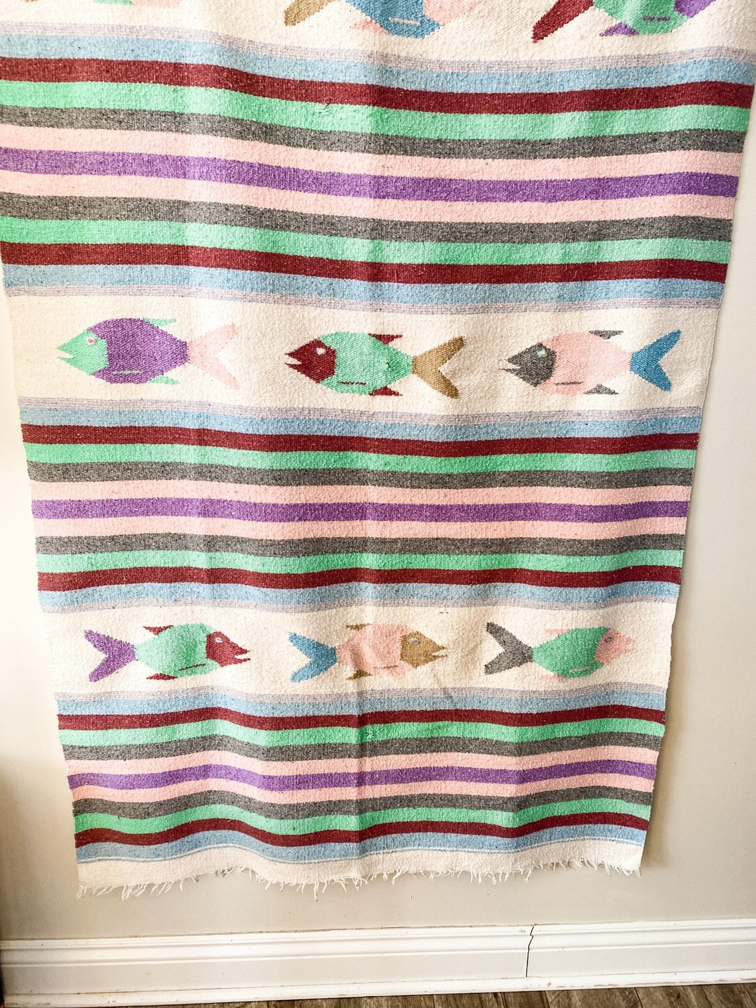 Bright coloured Cottage Fish Blanket - Mexican Tapestry / Heavy Duty Vintage Blanket - Perth Market