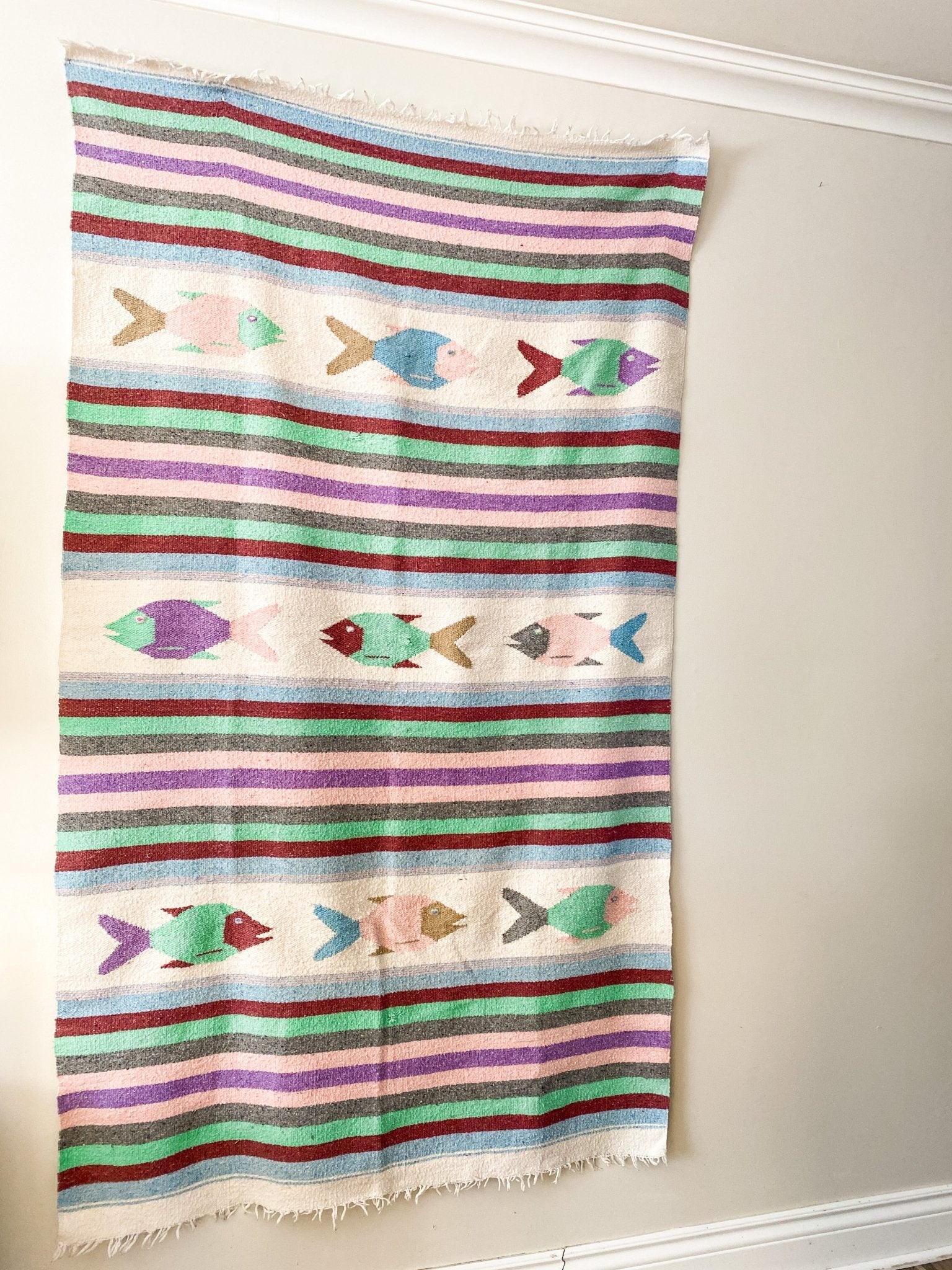Bright coloured Cottage Fish Blanket - Mexican Tapestry / Heavy Duty Vintage Blanket - Perth Market