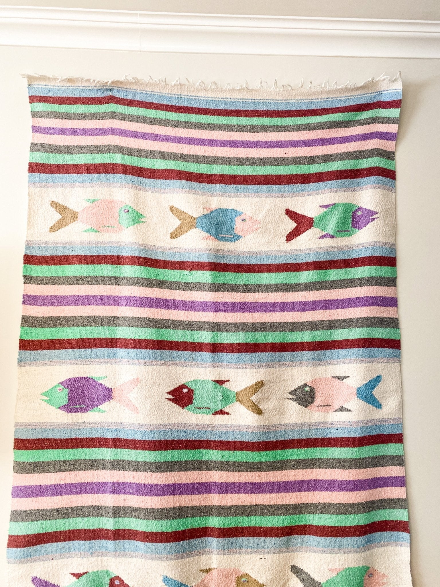 Bright coloured Cottage Fish Blanket - Mexican Tapestry / Heavy Duty Vintage Blanket - Perth Market