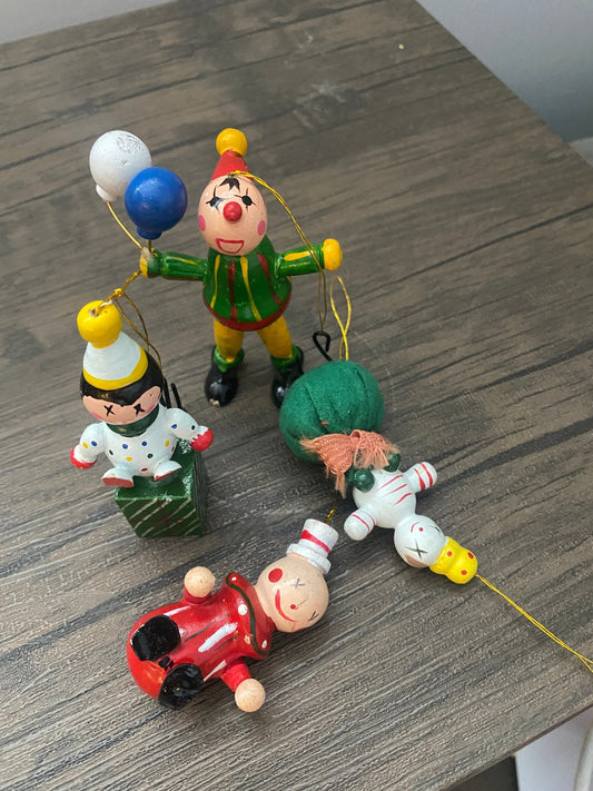 Lot of Vintage Wooden Christmas Ornaments (4) - Handpainted Clowns - Perth Market