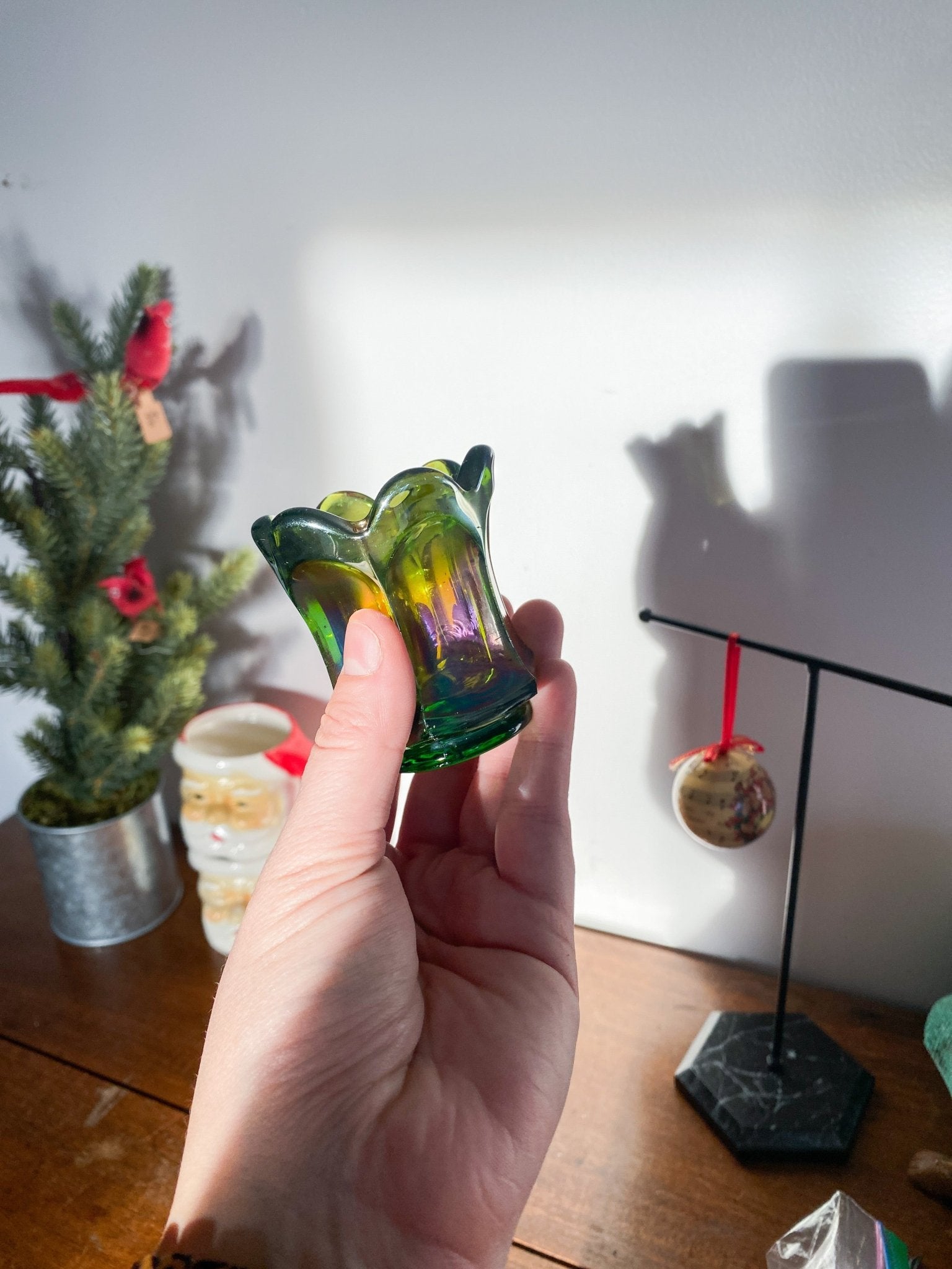 Mini Carnival Glass Vase - Small Green Dish - Perth Market